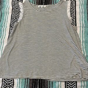 Gray and white striped sleeveless shirt with ruffle sleeves